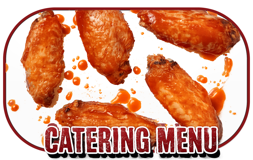 Catering menu graphic with fried chicken wings and orange sauce splatters; bold 'Catering Menu' text at the bottom.